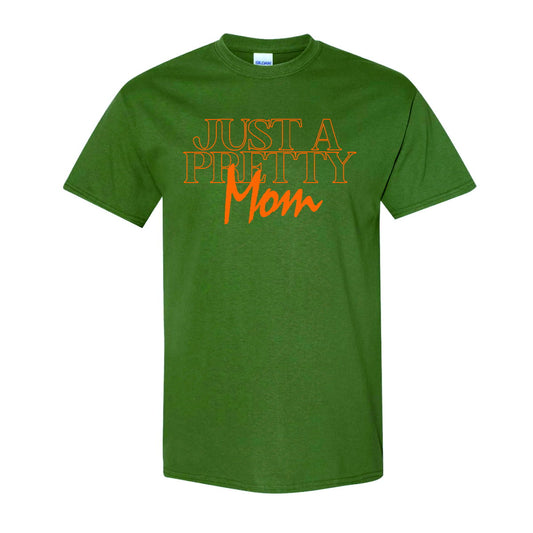 RELAXED FIT NATURAL COTTON "JUSTAPRETTYMOM” TEE - MILITARY GREEN / ORANGE